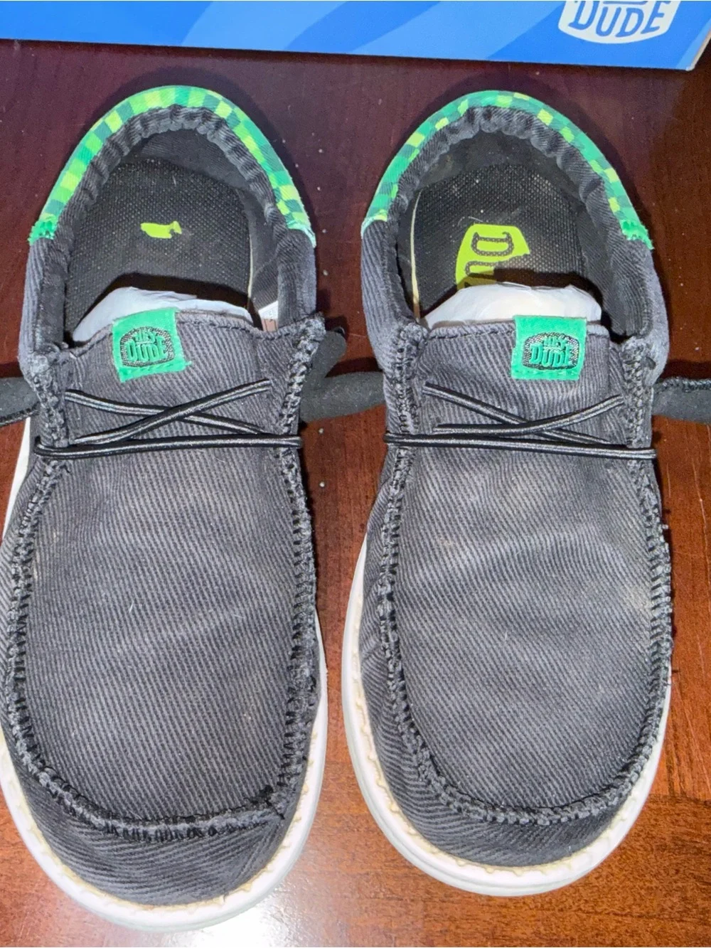 Hey Dude Kids Black Sneakers with Green Checker Heel